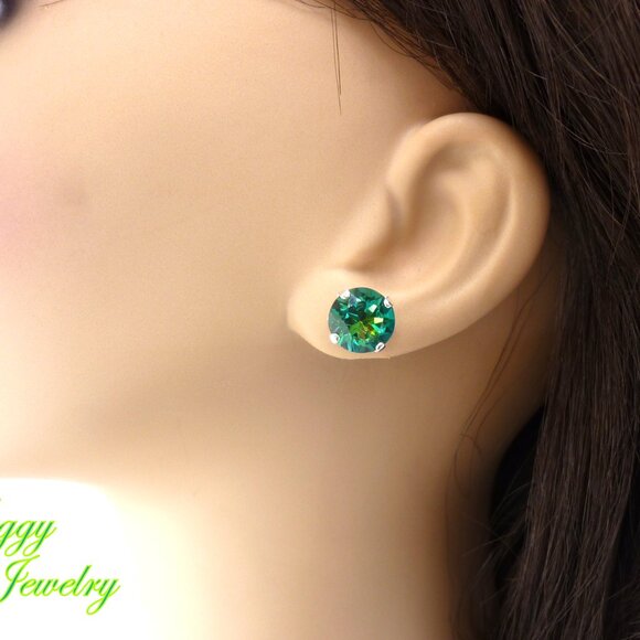 Green Sphinx Solitaire Crystal Earrings, 10mm (45ss) Drops or Studs, Iridescent - Picture 7 of 8